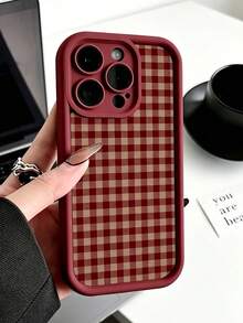 1pc Christmas Element Vintage Red & Brown Plaid Pattern TPU Full Coverage Phone Case, Compatible With IPhone 18/18 Pro/18 Pro Max/17/17 Pro/17 Pro Max/11/12/13/14/15/16/17/Air/Pro/Pro Max/Plus, Anti-Drop, Anti-Scratch Protection Design, Comfortable Grip, Perfect Gift For Men, Women Or Family Members On Easter, Birthday/Valentine's Day - Burgundy - View 1