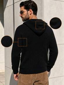 Men's Fashion Casual Versatile Solid Color Minimalist Zip-Up Sweatshirt Long Sleeve Loose Ribbed Hooded Sweatshirt Pocket Knit Sweatshirt Jacket Autumn/Winter - Black - View 2
