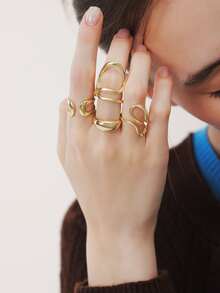 Sorayune 4pcs/Set Fashionable Bohemian Geometric Hollow Asymmetric Abstract Design Adjustable Gold Rings Set, Women Jewelry Accessories - Yellow Gold - View 4