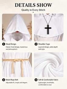 Halloween Medieval Monk Priest Costume Set, White Hooded Robe With Cross Necklace And Rope Belt, Suitable For Masquerade, Cosplay Themed Party, Holiday Gift Choice - Multicolor - View 3
