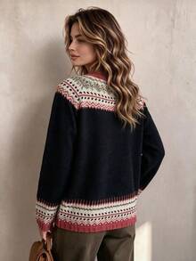 Women's Fashion Long Sleeve Pullover Knit Sweater, Fair Isle Pattern, Essential For Autumn/Winter - Black - View 4