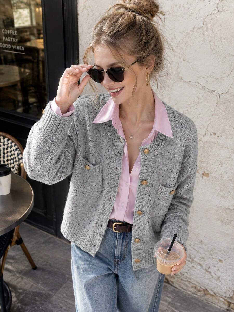 Winter Grey Spotted Round Neck Knit Cardigan With Gold Buttons And Pockets, Long Sleeve Jacket, Suitable For Christmas And Daily Wear Fall - Grey - View 1