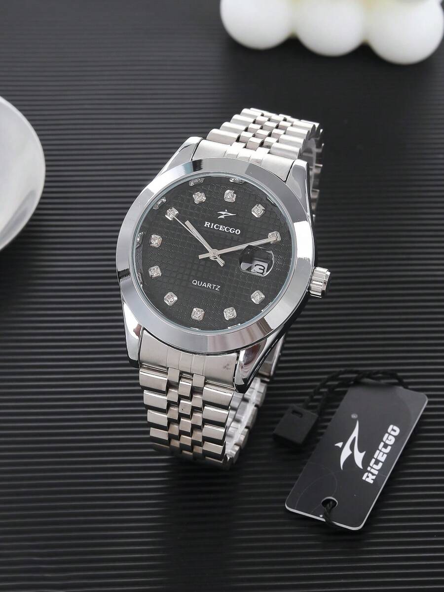 RICECGO Men's Luxury Business Quartz Watch With Stainless Steel Band And Date, Ideal For Parties And Holiday Gatherings, Perfect For Yourself Or Friends - Silver - View 1