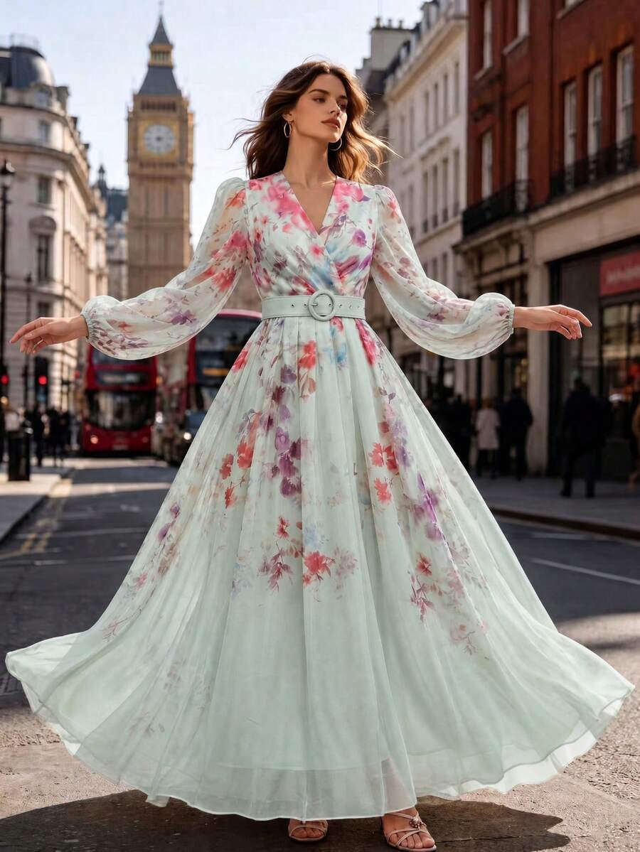Women's New Elegant Floral Long Sleeve Dress With Custom Waistband, All-Season Slimming Flared Dress With Floral, Leaf Print, Ruffle/Ruched Hem, Suitable For Wedding, Holiday, Beach - Mint Green - View 1