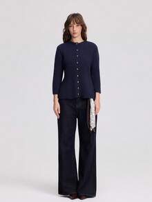 Women's Fashion Vintage Button Ruffle Hem Knit Top - Navy Blue - View 3