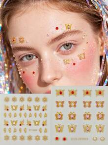 2pcs Gold Butterfly Face Rhinestone Sticker Set, Sunflower Butterfly Face Glitter Crystals, Self-Adhesive Crystal Eyebrow Eye Brow Center Body Rhinestones, Suitable For Electronic Music Festival, Halloween Party, Cosplay Makeup - Multicolor - View 9