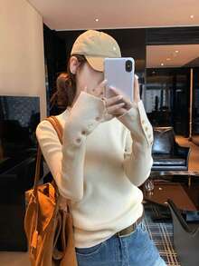 Seamless Half-High Neck Button-Up Slim Fit Women's Autumn Tight Knit Base Layer Sweater - Khaki - View 2