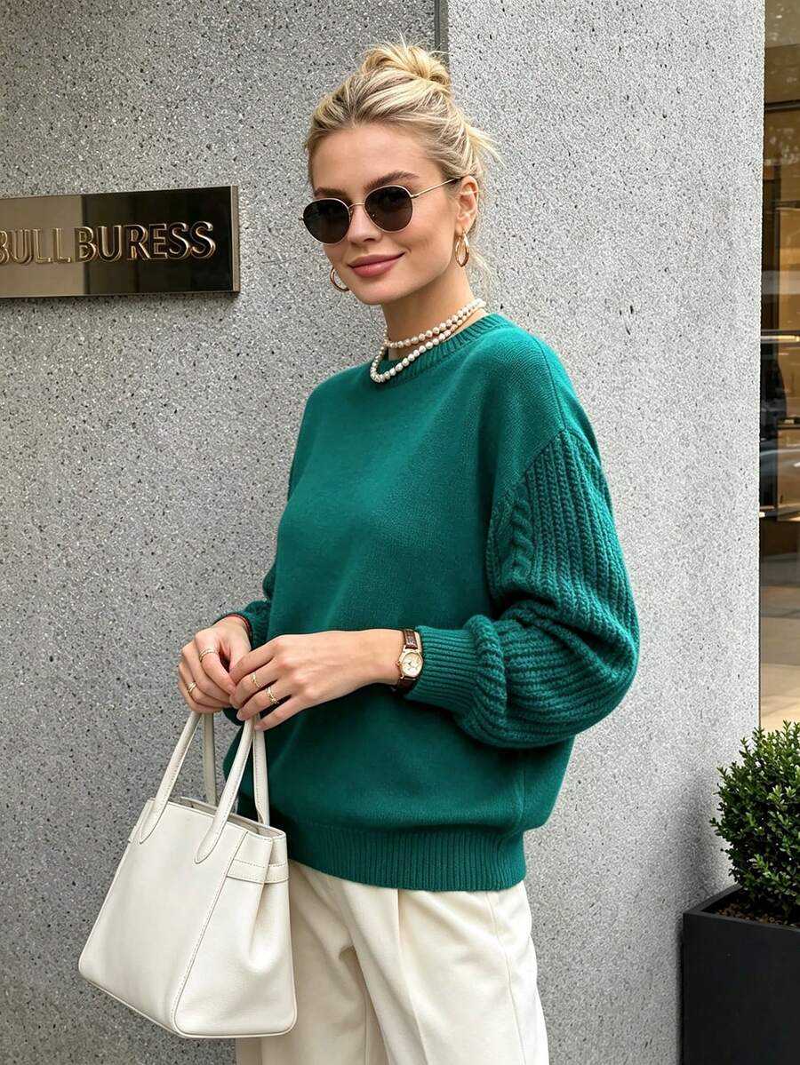 Pull tricoté élégant pour femmes de couleur unie avec épaules tombantes et torsades, Top tricoté décontracté à manches longues et col rond, tricot de mode quotidien pour l'automne/l'hiver - Vert - Voir 1