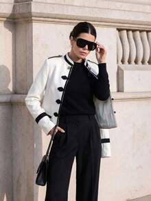 Women's Contrast Color Woven Tape Patchwork Handmade Frog Button Lined Casual Versatile Daily Commute Long Sleeve Jacket White - White - View 2