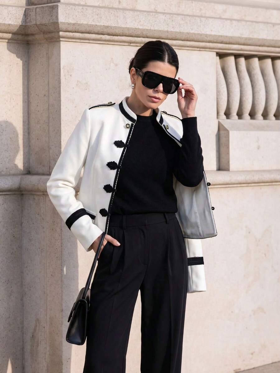 Women's Contrast Color Woven Tape Patchwork Handmade Frog Button Lined Casual Versatile Daily Commute Long Sleeve Jacket White