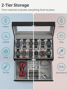 Multifunctional Watch Box, 12 Slots With Drawer Watch Display Box, Men's Watch Box With Glass Lid, Double Layer Jewelry And Watch Storage Box, Unisex, Black, Christmas Gift - Multicolor - View 4