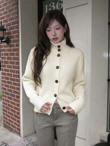 Off-White Ribbed Knit Cardigan With Black Large Buttons, Loose Fit, Minimalist Commuter Style, Elegant Sweater Jacket For Women - Apricot - View 1