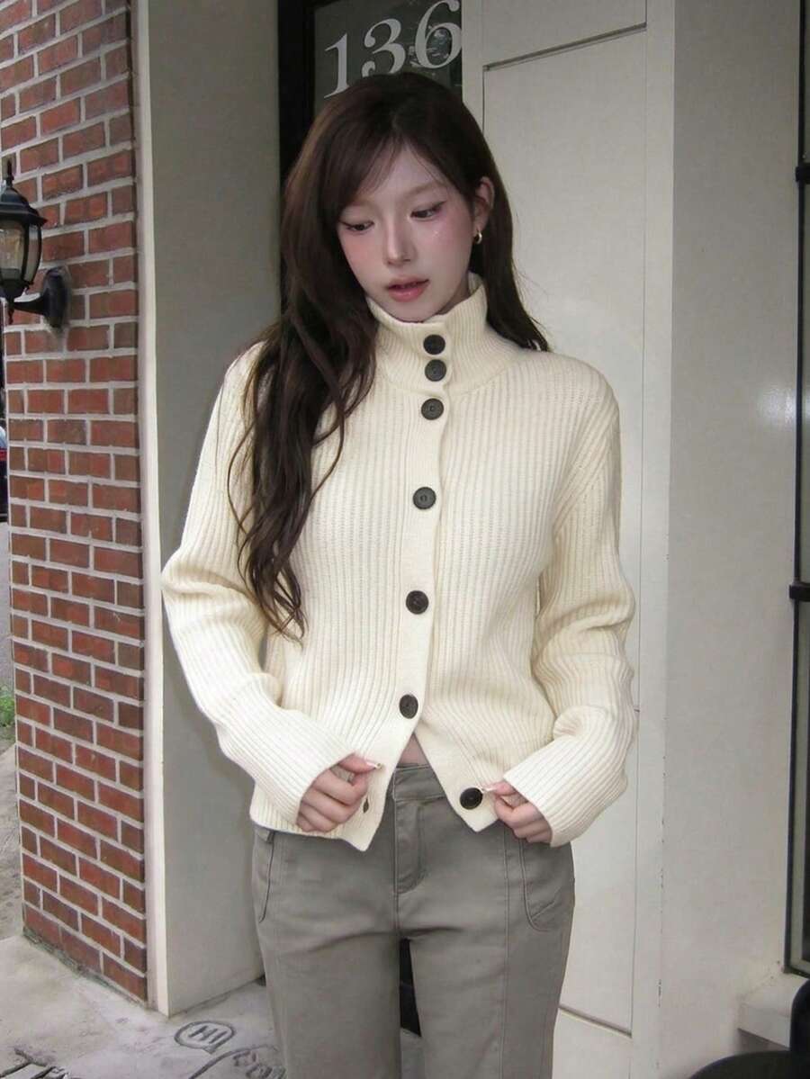 Off-White Ribbed Knit Cardigan With Black Large Buttons, Loose Fit, Minimalist Commuter Style, Elegant Sweater Jacket For Women - Apricot - View 1