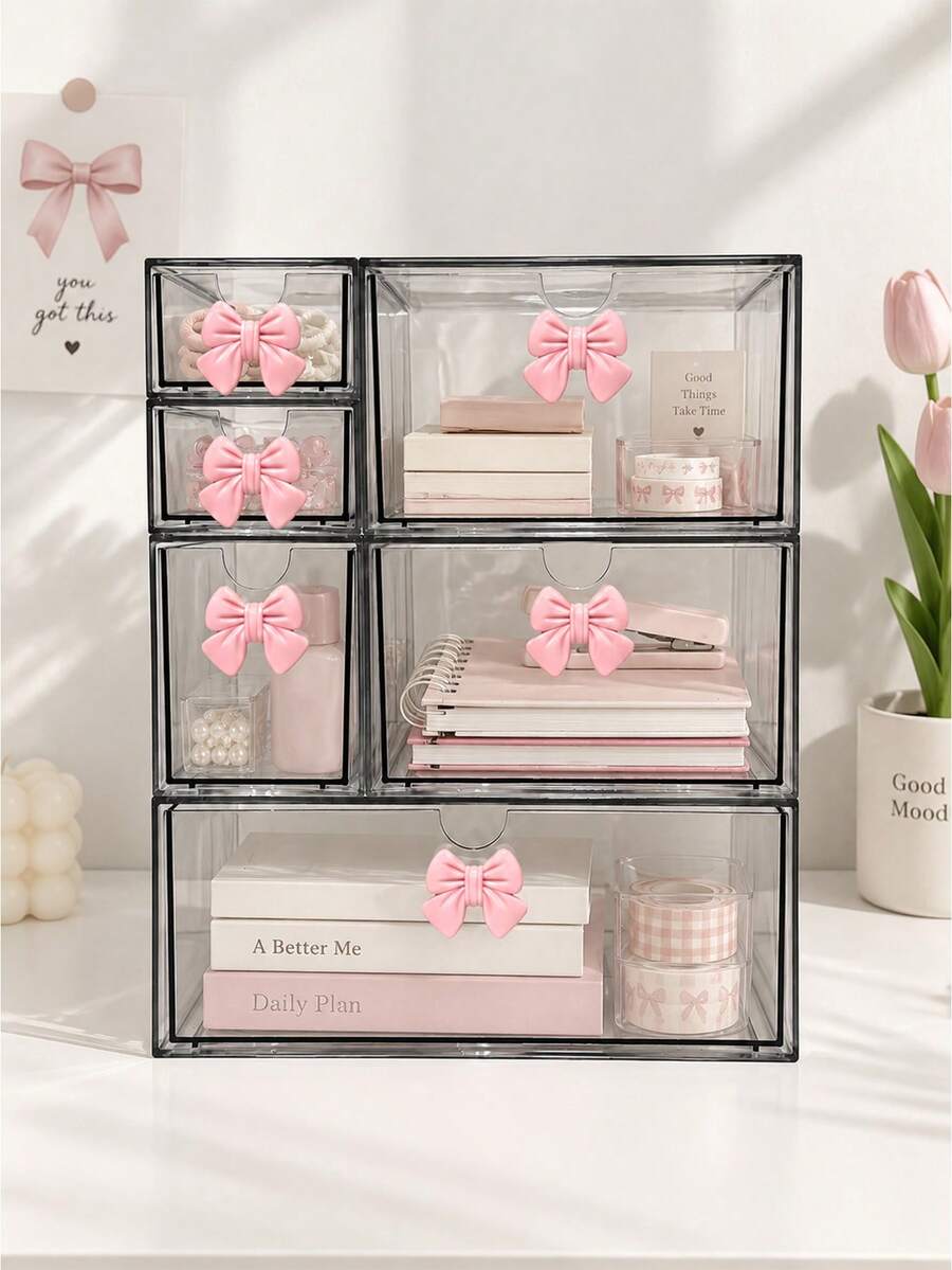 Desktop Storage Box With Bow, Large Capacity Drawer Storage Box, Transparent Storage Box That Can Be Freely Matched, Cosmetic Storage And Display Box, Stationery Classification And Organization Box, Suitable For Desktop Accessories, Cosmetics, Makeup Tools, Stationery, Learning Supplies, Applicable To Home Bedroom, Study, Makeup Table, School Dorm, Office, Room Decoration, Classification And Storage Of Daily Necessities, Make Your Desktop More Tidy - Transparent - View 1