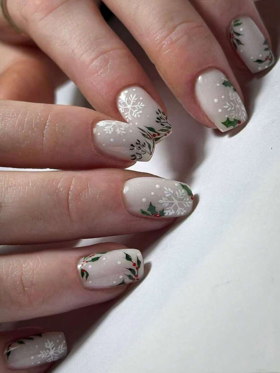 24pcs Square Press On Fake Nails White Medium Long Nail Holly Berries And Snowflakes Nails Christmas Nails - Multicolor - View 1