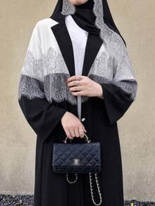 Hafizah New Lace Trim Patchwork Headscarf Collar Abaya Outerwear For Women Spring Black Fall - Black - View 4