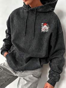 Men's Vintage Washed Japanese Street Racing Back Graphic Drawstring Hoodie - Black - View 4
