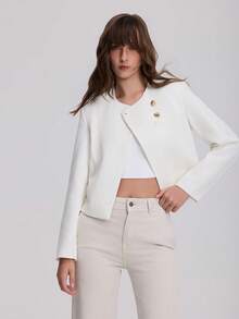 Women's Long Sleeve Round Neck Double-Breasted Blazer - White - View 4