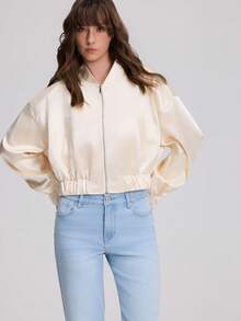 Women's Solid Color Long Sleeve Silk-Texture Bomber Jacket - Beige - View 6