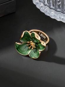 1件女款清新溫柔琺瑯綠色3D花蕊五瓣戒指，適合日常配戴、約會與度假 - 綠色 - 查看 6