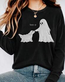 Camiseta y camiseta sin mangas de Halloween con un divertido diseño de perro fantasma, ideal para las madres de perros. Una prenda casual y adorable para la temporada de Halloween, perfecta para los amantes de los animales. Tejido suave y cómodo, ideal pa - Negro - Ver 1