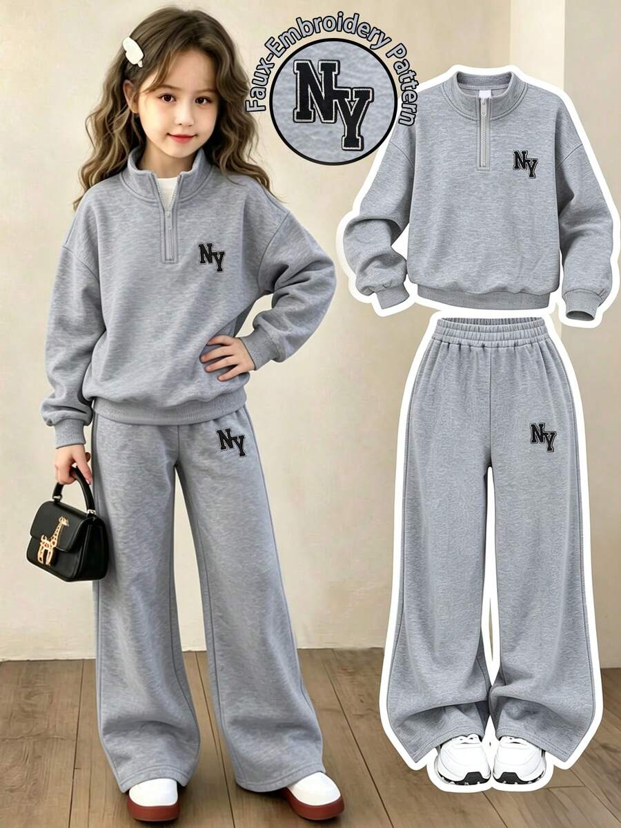 Girls' Fashion Minimalist Letter Embroidery Half-Zip Stand Collar Sweatshirt With Loose Wide Leg Pants, 2-Piece Set For Autumn/Winter Daily Wear - Grey - View 1