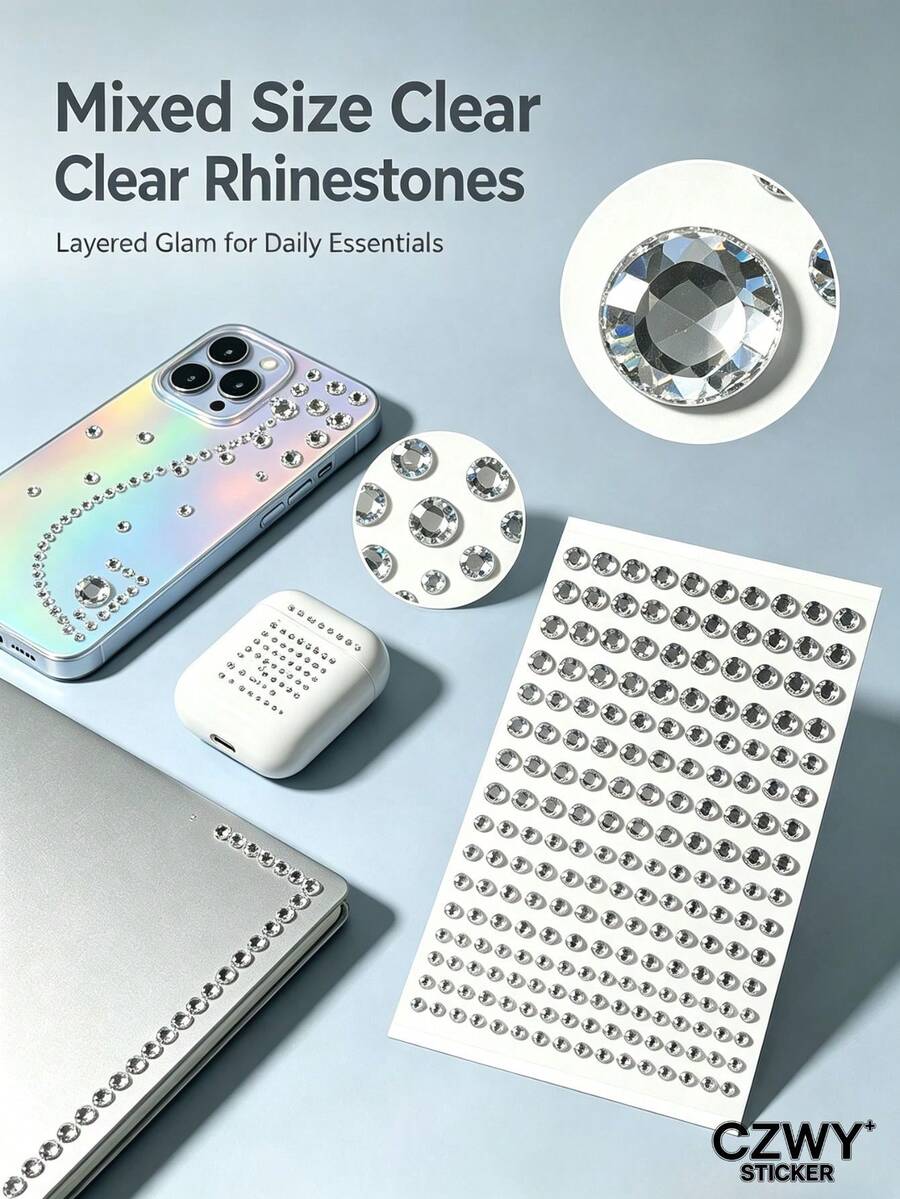 41pcs Set 8*14cm/8*12cm PET White & Colorful Rhinestone Faux Pearl Self-Adhesive Stickers, Includes Transparent Round Rhinestones, Mini Crushed Rhinestones, Water Drop Bubble Rhinestones, White Pearl Polka Dot Pattern, Luxury Delicate Style, Suitable For Phone Case, Earphone Bag Decoration, Styling Modification Accessories, DIY Decorative Stickers - Multi-color - View 1