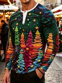 Men's Autumn/Winter Christmas Atmosphere Personalized Line Christmas Tree Print Button Long Sleeve T-Shirt - Multicolor - View 1
