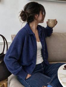 minisummer Women Elegant Fall Fuzzy Collared Knit Cardigan Long Sleeve, Fall Outfit For Women, Soft Plush Sweater Jacket For Daily Office - Navy Blue - View 2