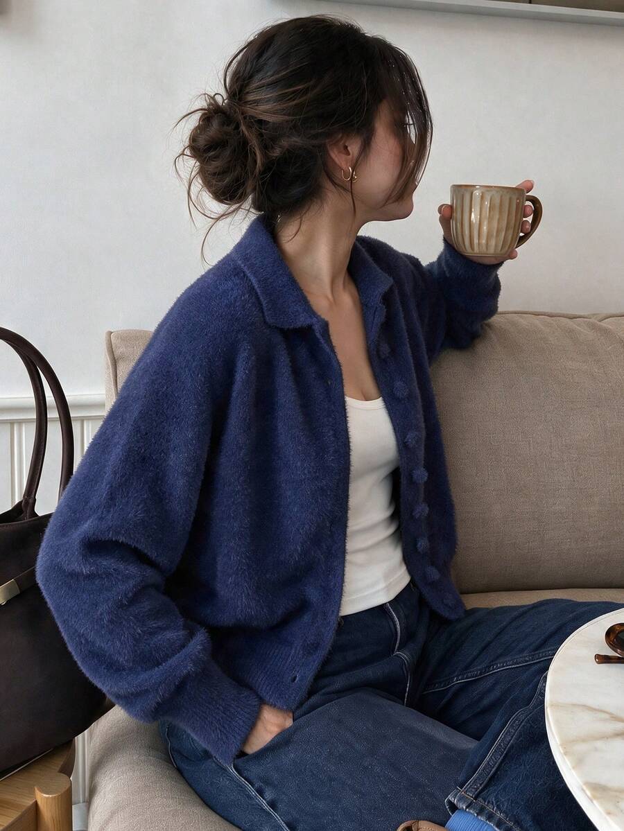 minisummer Women Elegant Fall Fuzzy Collared Knit Cardigan Long Sleeve, Fall Outfit For Women, Soft Plush Sweater Jacket For Daily Office - Navy Blue - View 1