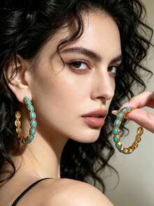 1 Pair Geometric Oval Faux Turquoise Hoop Earrings For Women - Multicolor - View 5