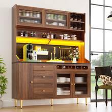 Flieks Highboard With Adjustable Shelves & LED Lights, Freestanding Storage Unit For Living Room Kitchen Dining, Tall Cabinet With Wine Rack, Dimensions 145x39x171cm - Natural - View 1
