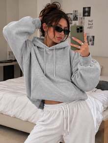 Áo nỉ chui đầu unisex dáng rộng lót lông cừu, dễ phối đồ, có túi và dây rút, tay dài, phong cách Ins thể thao - Xám - Xem 2