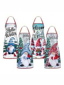 1pc/2pcs/4pcs Winter Gnome Print Kitchen Apron, Sleeveless Polyester Anti-Stain Apron, Hello Winter Welcome Sign, Cute Gnome & Cardinal Bird Snowy Forest Pattern, For Cooking Baking BBQ, Christmas Winter Holiday Party Decor, Unisex Kitchen Gift - Multicolor - View 10