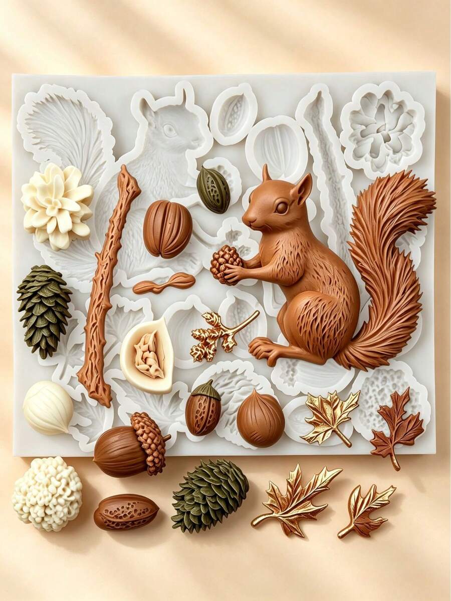 Fall Squirrel Acorn Pinecone Maple Leaf Silicone Fondant Mold Non-Stick Chocolate Candy Baking Tool For Cake Decoration DIY,Cupcake Topper Candy Polymer Clay Gum Paste