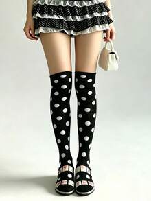 1 Pair Vintage Y2K Sweet & Cool Style Polka Dot Print Elastic Solid Color Knee-High Socks For Women, Daily Party Outfit - Black - View 4