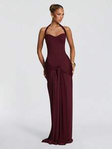 Elegant Sexy Sleeveless Backless Halter Neck Women's Long Formal Dress, Suitable For Parties, Balls And Other Formal Occasions, Decorated With Draped And Pleated Details, Christmas, Holiday Party Dress, High Elasticity Party Gown, Pleated Mermaid Hem - Burgundy - View 3