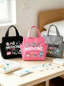 Medicine Print Portable Tote Bag, Multi-Pocket Large Capacity Medication Storage Bag, Dual-Side Pocket Handbag Travel Organizer, Multi-Function Portable Work Travel And Cosmetic Bag, Suitable For Medical And Office Staff, Daily Use, Halloween Birthday Christmas Gift - Multicolor - View 5