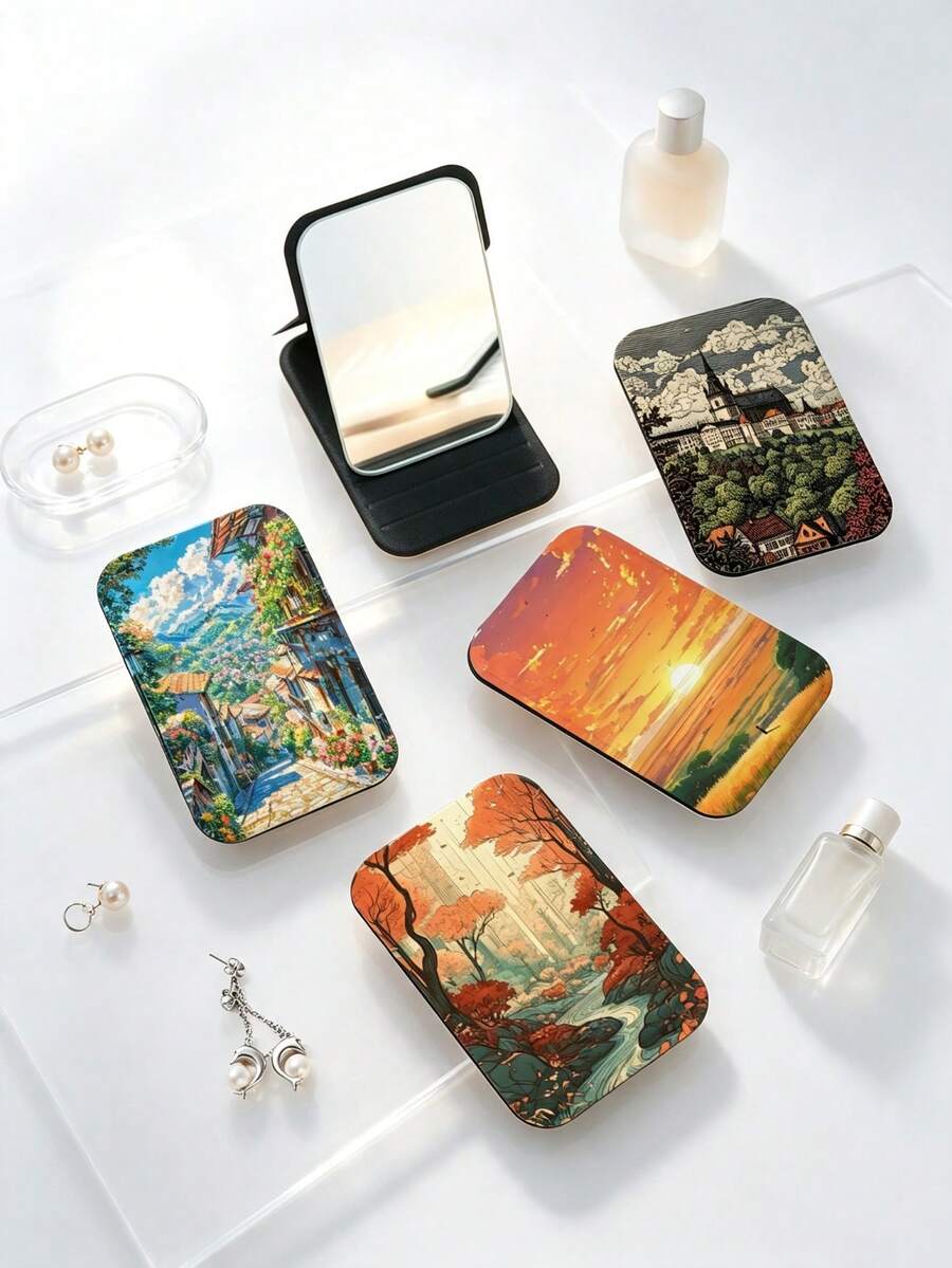 1PC Ins Landscape Series Portable Folding Makeup Mirror, Lightweight Ultra-Thin Convenient Durable PU Leather, Suitable For Various Occasions Travel Party Work School, Suitable For All Ages - Multicolor - View 1