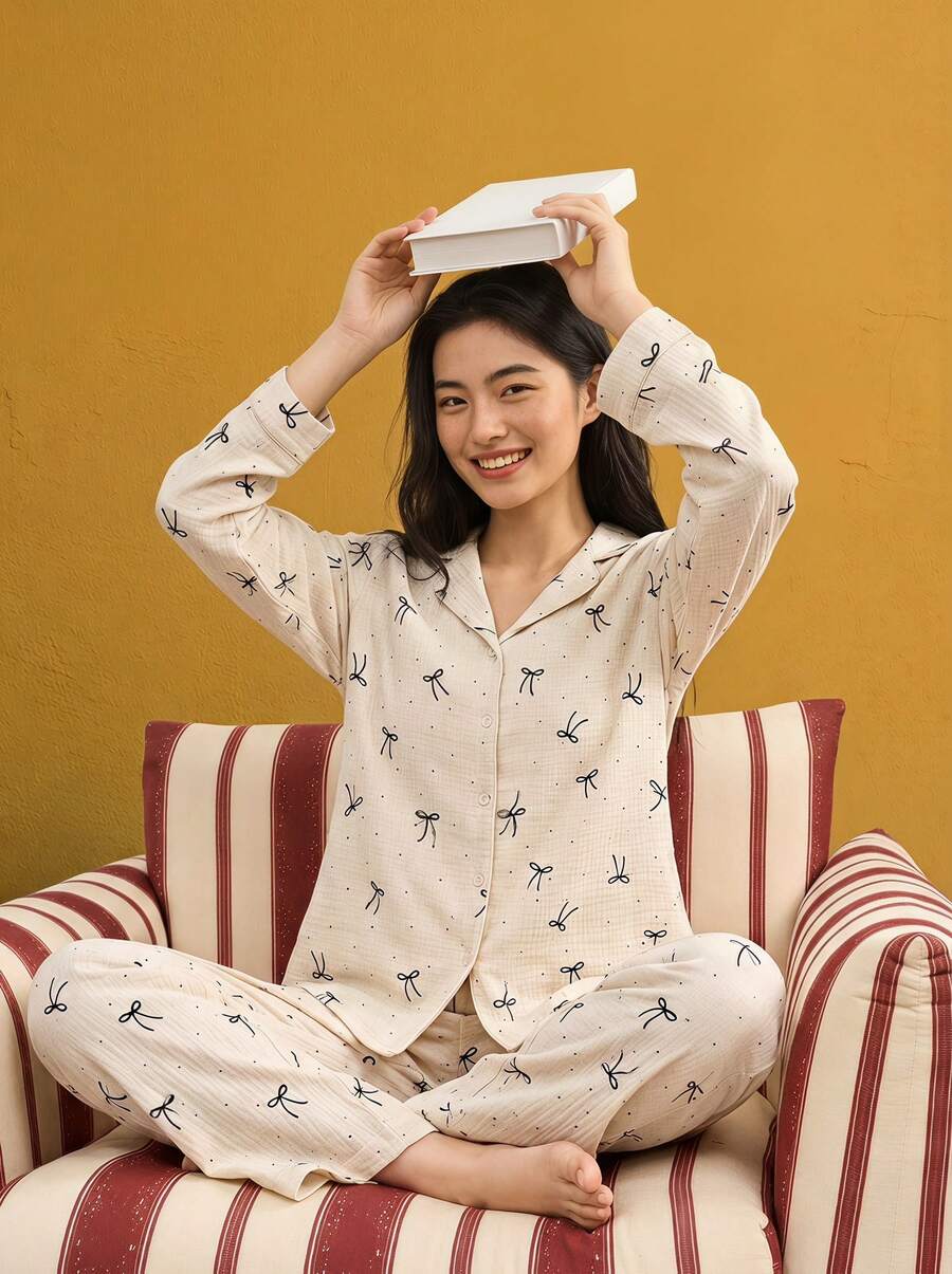 Joivida 2pcs Women Loose Comfortable Breathable Long Sleeve Top And Long Pants Pajama Set