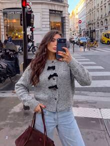 Women's Spotted Knit Cardigan, Black Bow Decor Button Sweater, Suitable For Halloween, Thanksgiving And Christmas - Grey - View 5