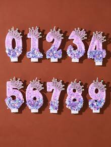 1pc Purple Pink Iridescent Glitter Number Birthday Candle With Rhinestone Crown Decor, 0-9 Number Cake Topper, Princess Theme Party Decoration, Girls Birthday, Baby Shower, Sweet 16 Dessert Table Cake Decor - View 3