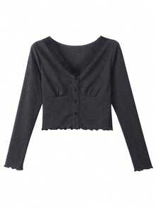 Women's Short V-Neck Long Sleeve T-Shirt, Contrast Lace Trim Ribbed Fabric, Slim Fit Autumn Top - Dark Grey - View 7
