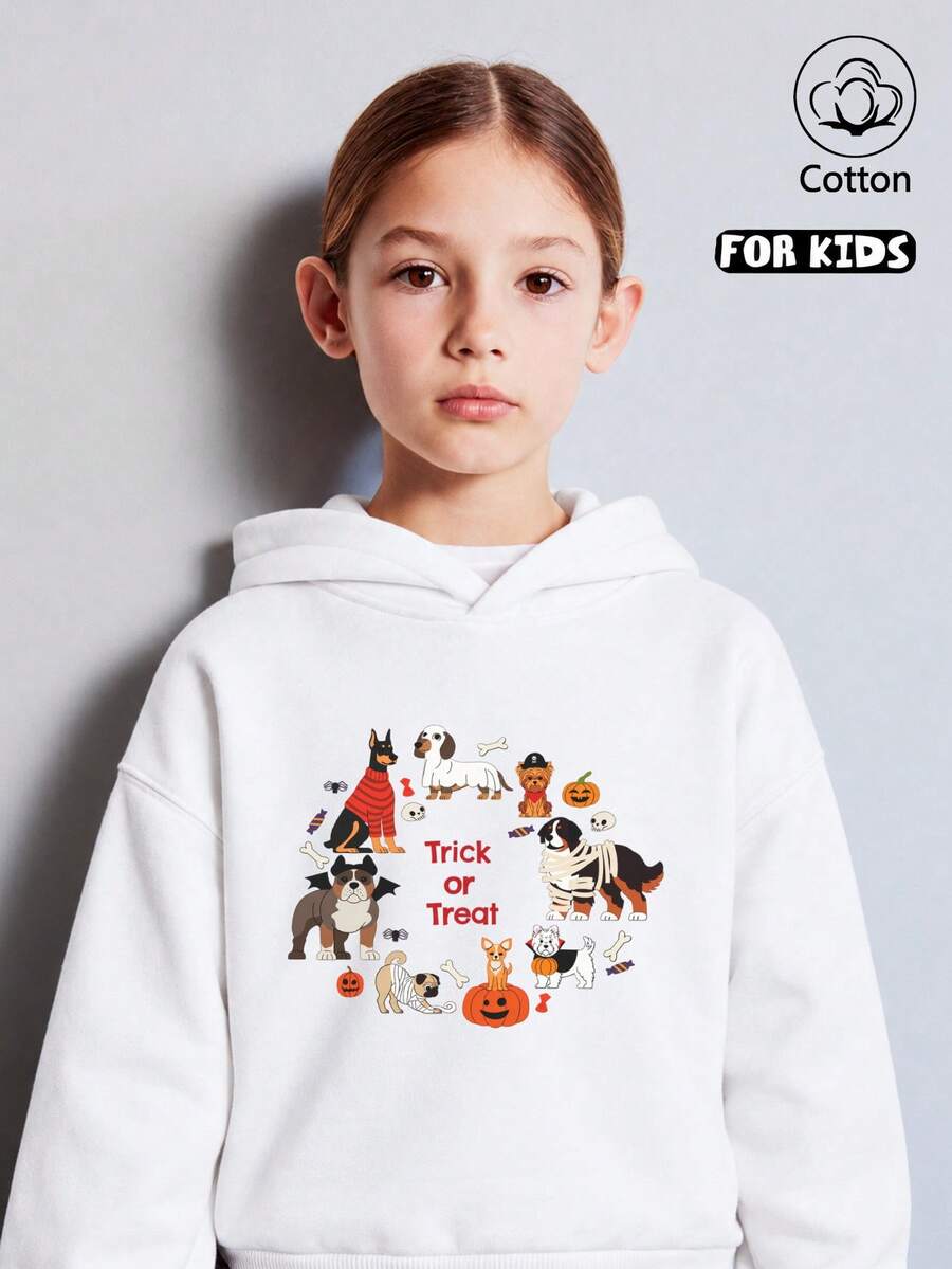 Girls' Hooded Sweatshirt With Colorful Cartoon Puppy Halloween Costume Print - White - View 1