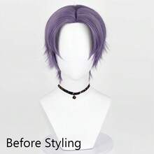 Perple Men Synthetic Short Straight Wigs Middle Part Anime Game Cosplay Fluffy Heat Resistant Wig For Daily Party - Purple - View 3