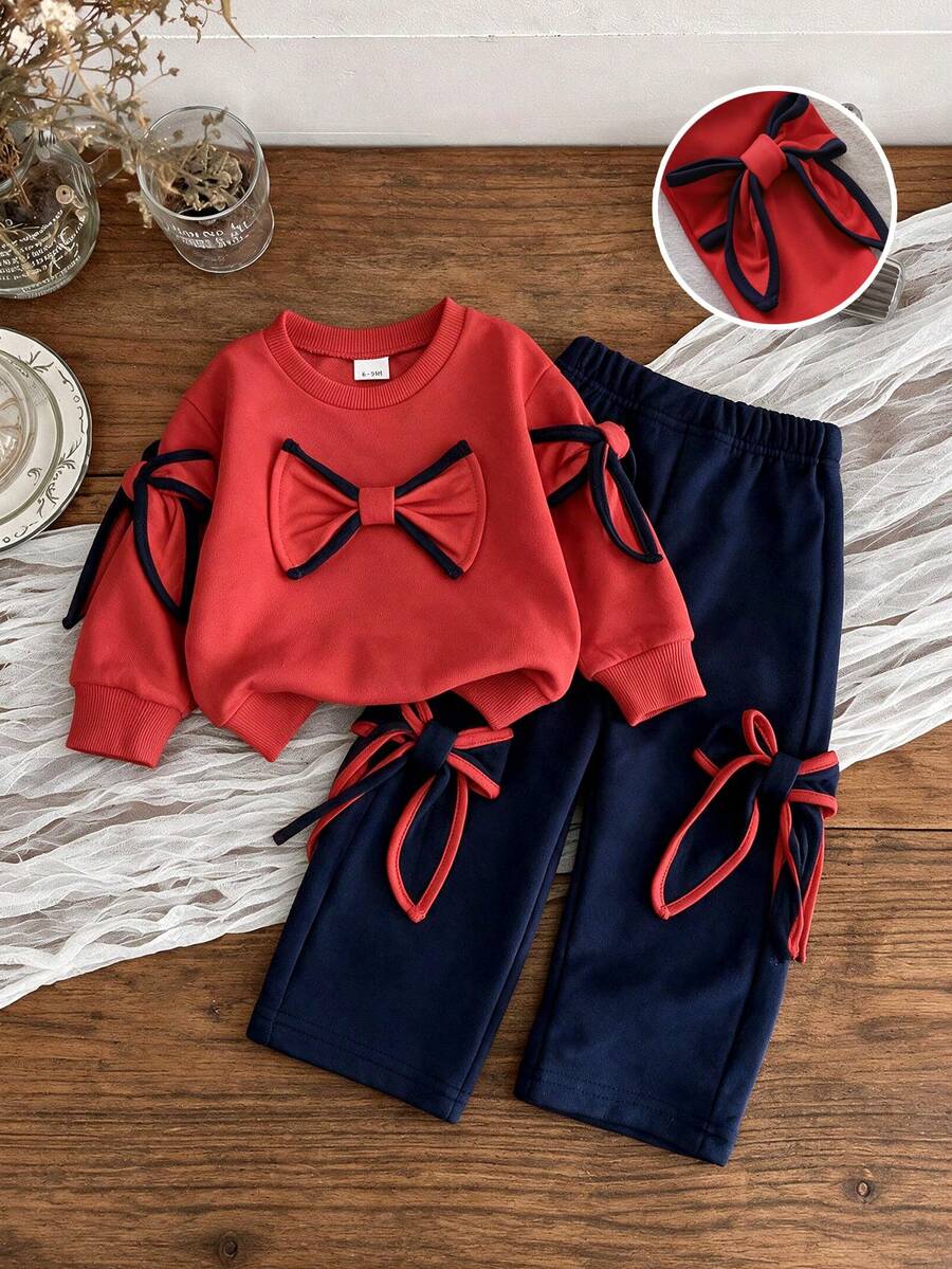 2pcs Baby Girl Sporty Casual Contrast Color 3D Big Bow Long Sleeve Sweatshirt & Pants Set, Thin Spring/Autumn - Red - View 1