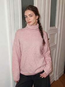 Pull oversize en maille rose clair à col roulé pour femme, épaules tombantes, manches longues, coupe ample, style décontracté - Rose bonbon - Voir 3
