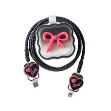 Simple And Stylish Bow-Knot Apple 40W Charger Protective Case Compatible With Iphone 17 Pro Max/16/15 With Data Cable Sleeve. - 40W Black 3D Heart Bow - View 3