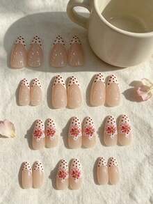 24pcs Long Almond Press-On Nails, 3D Gel Flowers And Polka Dot Design, Decorated With Small Steel Beads, Acrylic Fake Nails (1 Style) - Multicolor - View 4