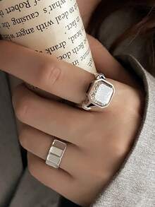 2pcs Old Money Style Casual Fashion Geometric Ring Set Suitable For Women's Daily Commute Wear - Silver - View 3